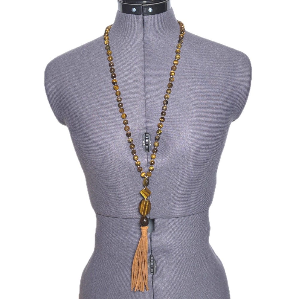 Chicos Fringe Tassel Necklace Boho Tigers Eye‎ Brown 30in L 8in Dangle OS